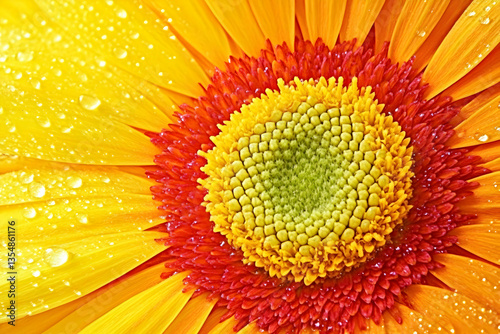 Vibrant close-up of a gerbera daisy, showcasing its intricate details and radiant colors; water droplets accentuate its freshness.