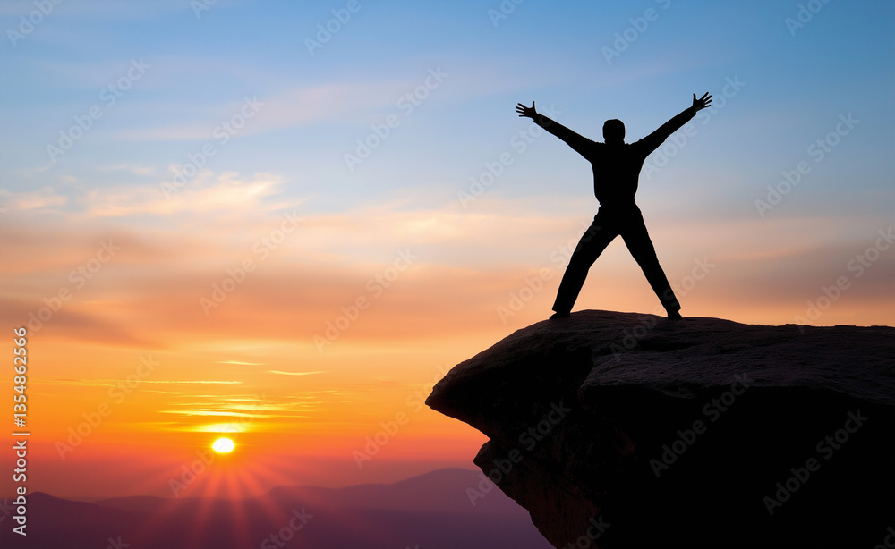 A person standing on top of a mountain at sunset, with arms outstretched in a victorious or celebratory pose.
A person standing on top of a mountain at sunset, with arms outstretched in a victorious or celebratory pose.