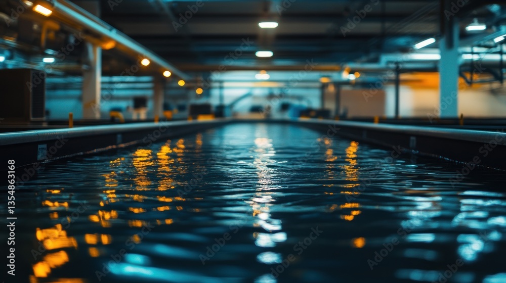 Water tank in a building reflects lights in the darkness