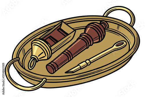 18 Copper tray, antique whistle, vintage referee whistle, golden metal, wooden handle, shiny metallic surface, oval shape, reflective copper, sports official equipment, nostalgic objects, warm tones, 