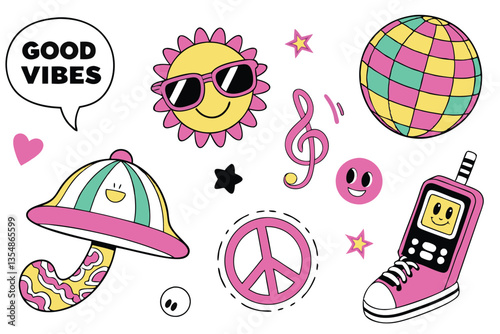 19 Colorful sticker collection, retro and modern designs, psychedelic patterns, cartoon characters, rave culture symbols, peace sign, disco ball, mushroom, alien, mobile phone, tongue graphic, neon co