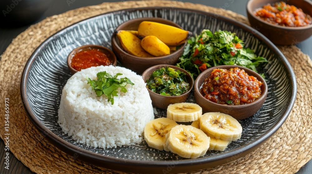 Sri Lankan kiribath served with sambal and banana showcasing traditional patterns and colors Sri Lankan kiribath served with sambal and banana showcasing traditional patterns and colors