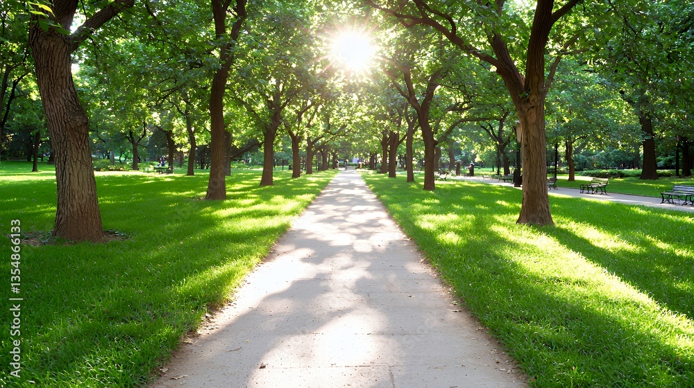 Pathway Through Green Park with Trees, Sunlight Creating Shadows and Tranquil Scene Pathway Through Green Park with Trees, Sunlight Creating Shadows and Tranquil Scene