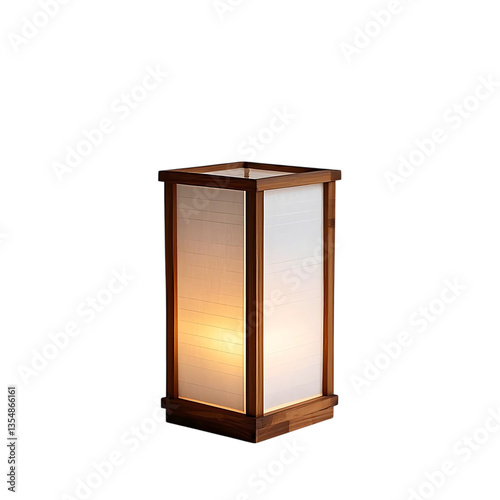 Illuminated rectangular wooden framed lamp with translucent panels on a black background studio shot