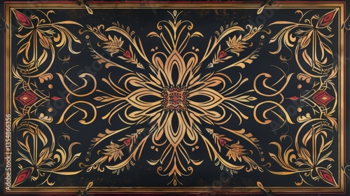 Ornate Golden Floral Design, Dark Background, Decorative Panel, Symmetrical Pattern