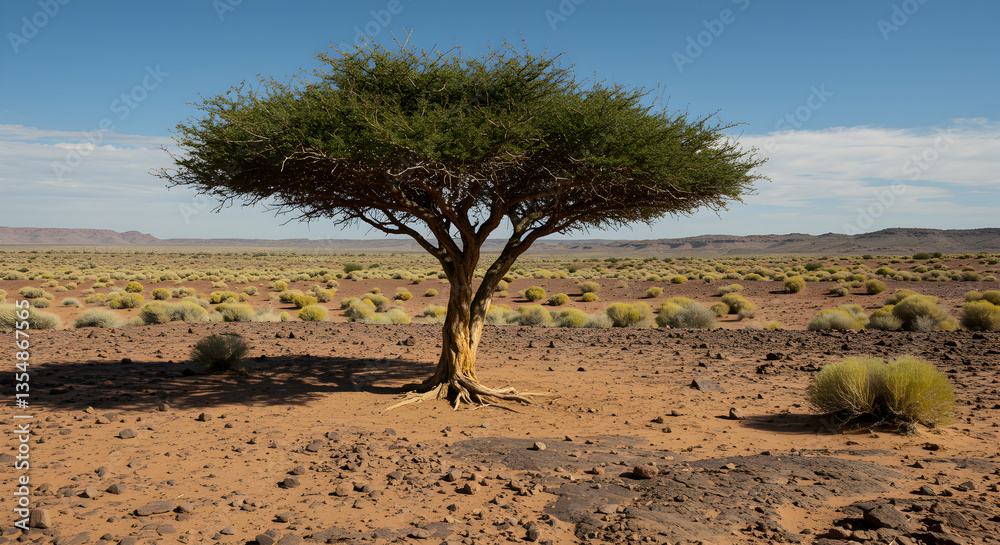 Fototapeta premium Lone Tree Standing in Desert Landscape Under Blue Sky