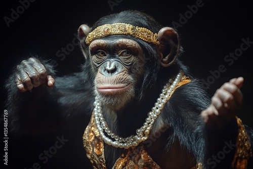 Chimpanzee dances the Charleston in vintage flapper dress and pearls during 1920s celebration