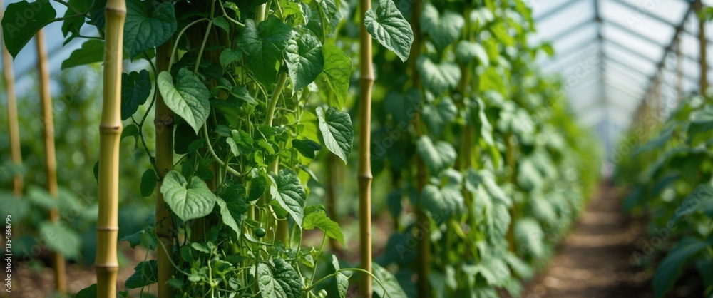 Fototapeta premium Greenhouse interior, rows of green tomato plants, vines climbing support stakes, lush foliage, glass roof visible, natural light, organic farming, hydroponic gardening, industrial agriculture, panoram