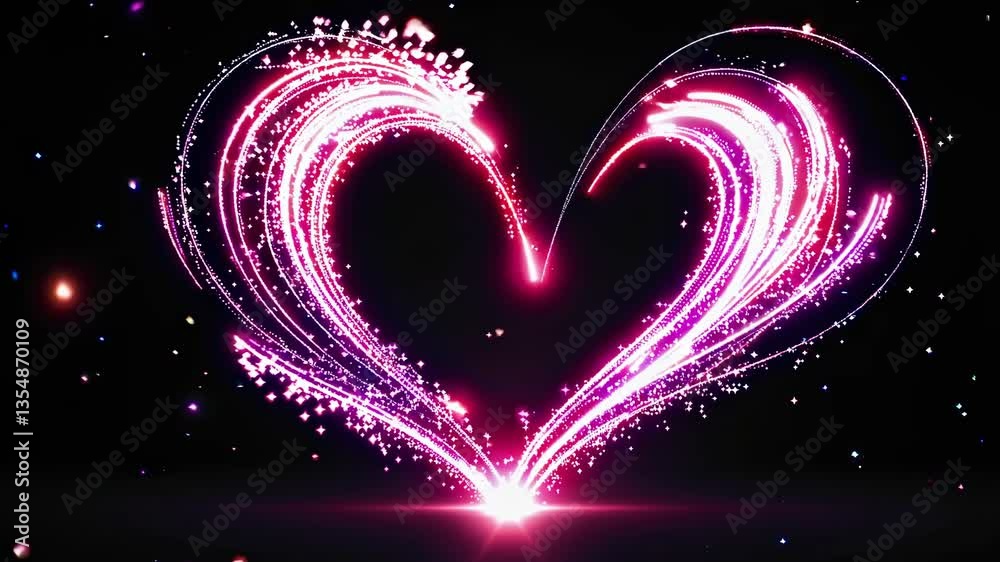 A dynamic video concept with a glowing heart shape formed by light trails on a black background, captured from a low-angle perspective. Live desktop wallpaper.