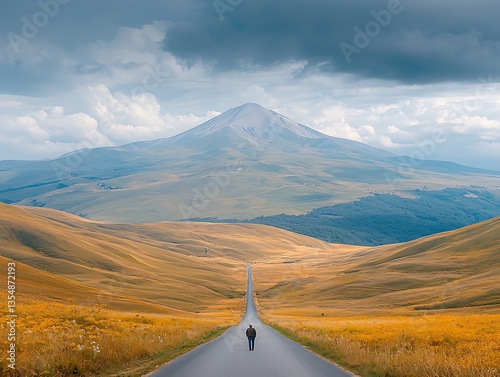 Lone Traveler for Mountain Road, Autumn Landscape.