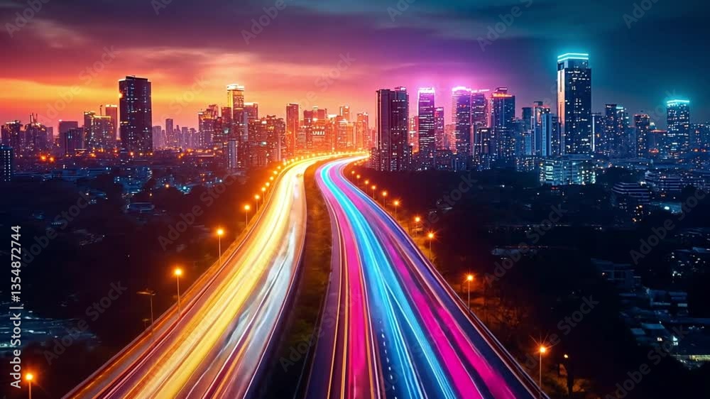 Vibrant Cityscape at Night: Highway Lights and Skyscrapers Vibrant Cityscape at Night: Highway Lights and Skyscrapers