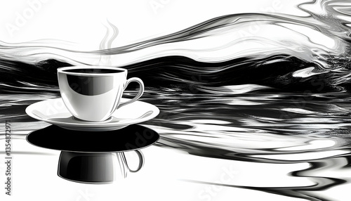 Stylish monochrome image of a steaming coffee cup on a saucer against an abstract, wavy, black and white background. Perfect for cafe menus, websites or home decor.