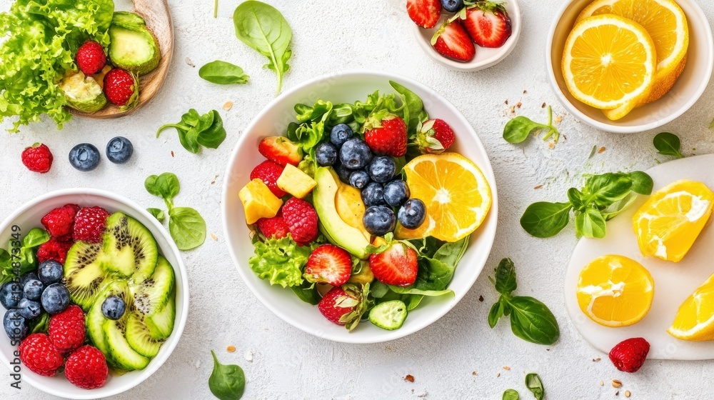 Fresh vibrant healthy fruits and salad arrangement on a white surface Fresh vibrant healthy fruits and salad arrangement on a white surface