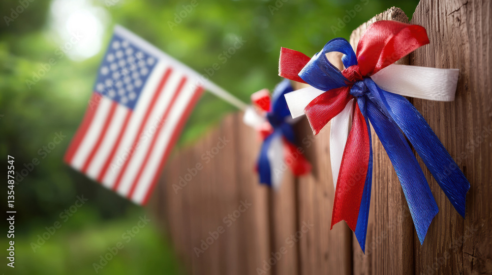 Obraz premium American Flag and Ribbons Tied Around Fence for Celebration