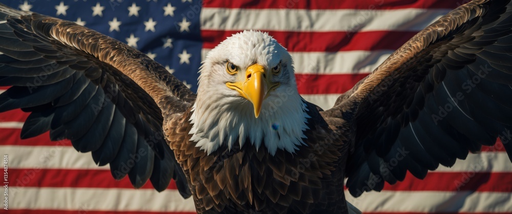 Naklejka premium Majestic bald eagle, American flag background, patriotic symbolism, close-up portrait, fierce expression, spread wings, detailed feathers, sharp beak, yellow eyes, national bird, freedom, pride, stren