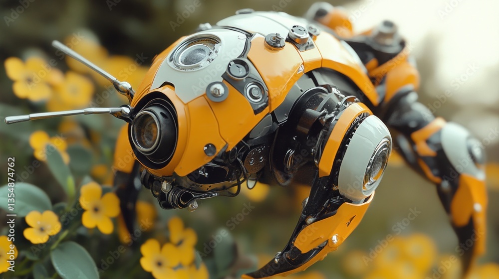 A futuristic robot insect explores yellow flowers in a garden setting A futuristic robot insect explores yellow flowers in a garden setting