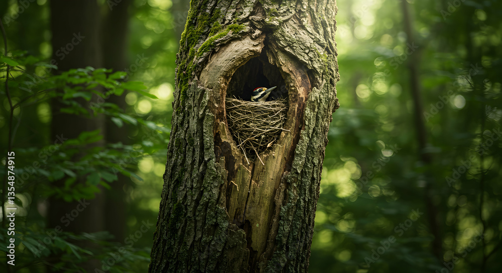 Fototapeta premium Bird Nesting Inside a Tree Hollow with Forest in the Background