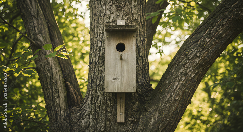 Birdhouse Affixed to Tree Trunk in Forest Setting Sunlight Birdhouse Affixed to Tree Trunk in Forest Setting Sunlight