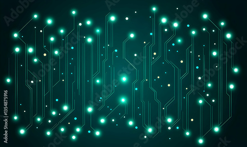 Abstract teal circuit board glowing nodes digital technology background. Perfect for tech, AI, and futuristic designs.