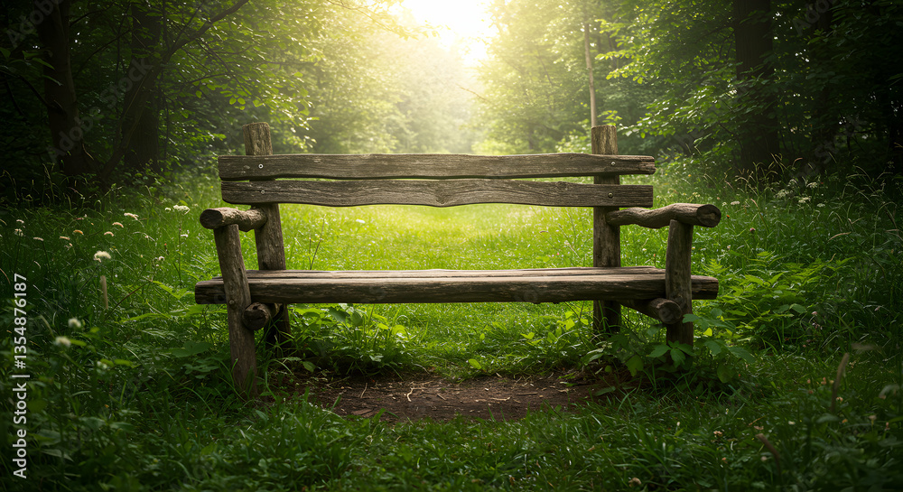 Fototapeta premium Empty Wooden Bench Sitting in Lush Green Forest Clearing