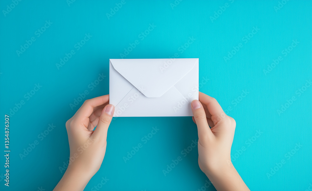 Fototapeta premium A pair of hands holding a white envelope with a teal background. 