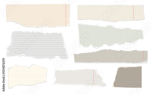 Ripped note paper. Scraps of lined and squared notebook papers. Realistic pieces with torn edges for notes and scrapbook collage. Torned memo templates. Vector isolated set.
