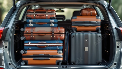 Ready to Travel: A car's trunk packed full of various suitcases of different sizes, poised for adventure. capturing the essence of wanderlust and preparedness.