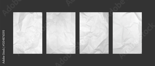 Crumpled paper sheets with wrinkles. Empty white pages with realistic crumpled effect. Blank paper sheet with creases template for posters and banners. Vector mockups set.
