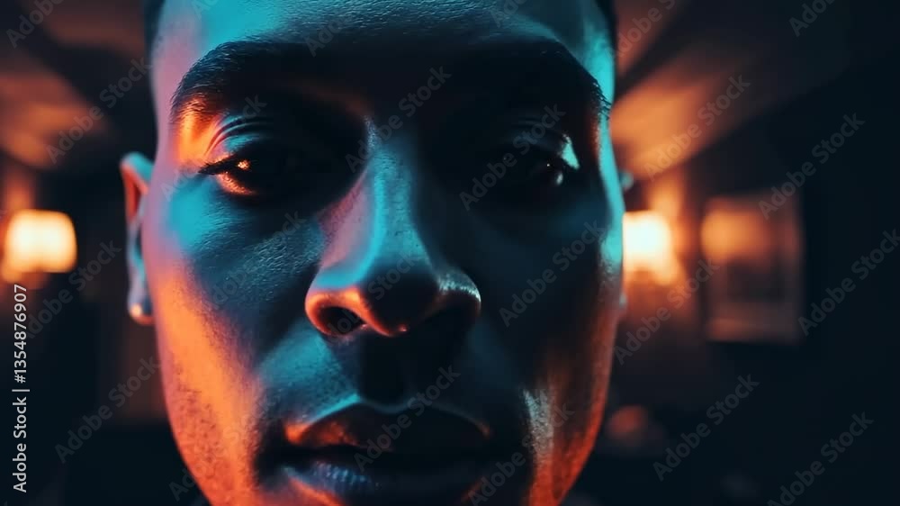 Moody closeup of pensive individual in dimly lit room with dramatic lighting change Moody closeup of pensive individual in dimly lit room with dramatic lighting change