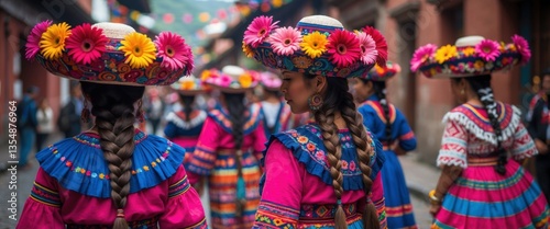 Colorful Peruvian festival, traditional wide-brimmed hats with flowers, vibrant embroidered dresses, indigenous women smiling, ornate cultural attire, cobblestone street background, celebration in Cus