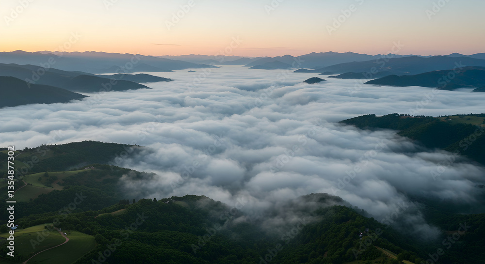 Fototapeta premium Fog Covering Valley at Sunrise in Mountain Landscape Aerial View