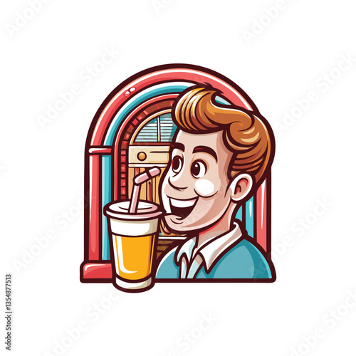 A 1950s-style illustration of a cheerful cartoon character, possibly a soda jerk, happily sipping from a straw in a classic soda shop setting.