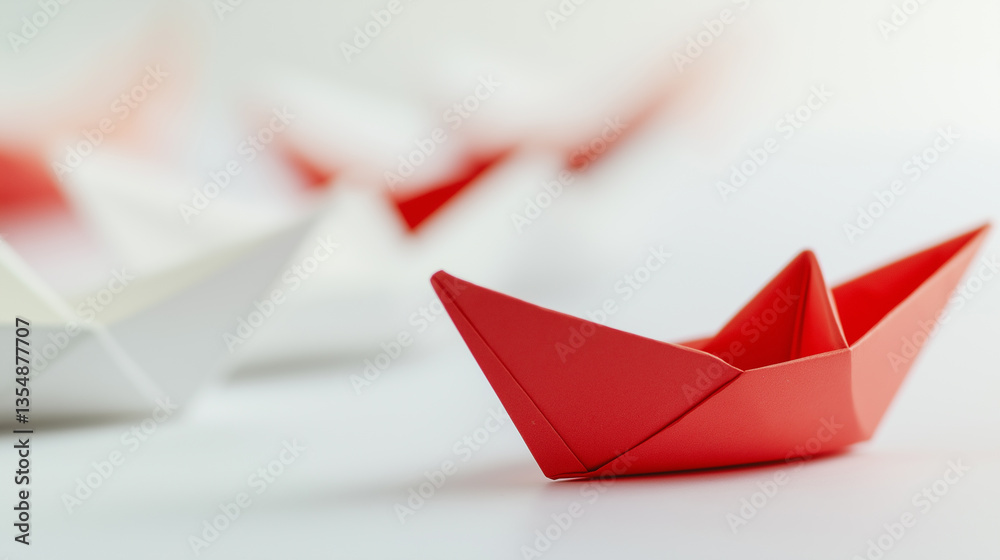 Naklejka premium A red paper boat stands out among several white paper boats, symbolizing leadership and individuality. 