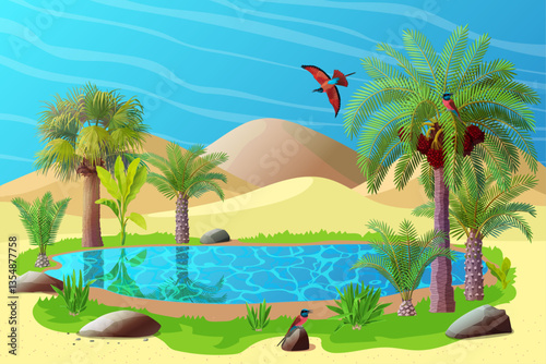 vector cartoon oasis illustration. Hand drawn clip art. 