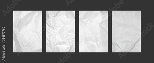 Crumpled paper sheets. Blank sheet with wrinkles, empty white pages with realistic crumpled texture. Paper with creases, trendy poster, flyer and banner templates. Vector 3d mockups.