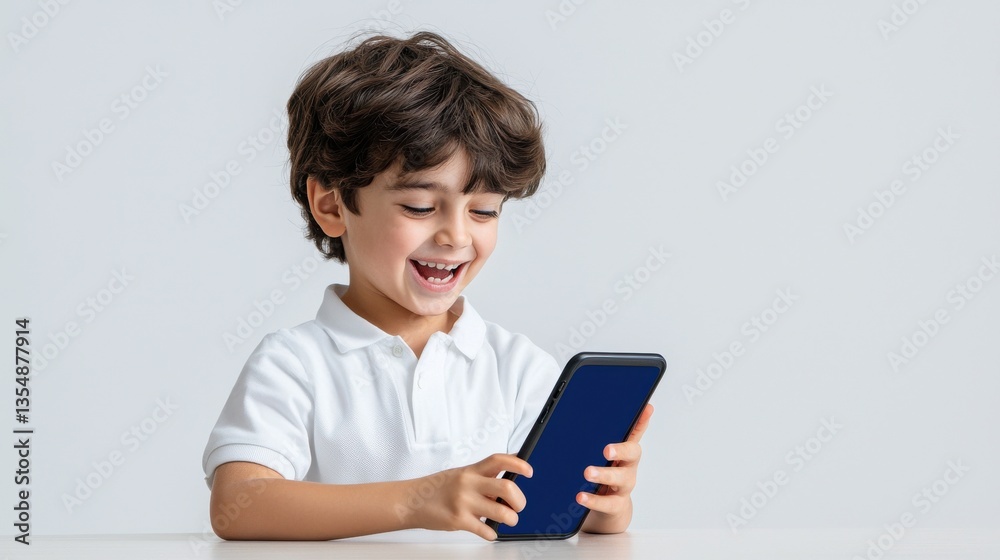 A young boy is smiling and holding a cell phone A young boy is smiling and holding a cell phone