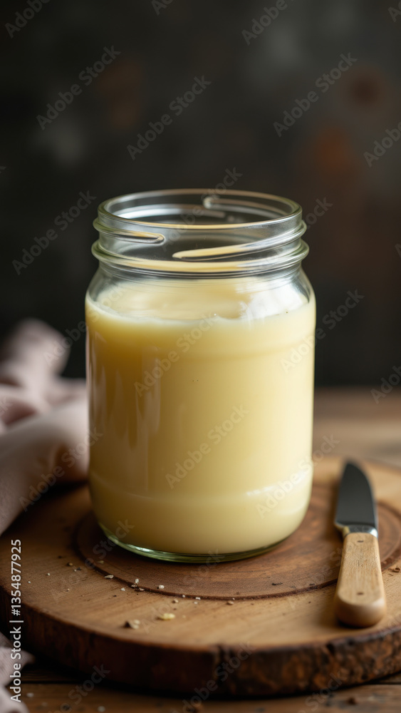 Beef Tallow in a mason jar on a wooden cutting board. Beef Tallow in a mason jar on a wooden cutting board.