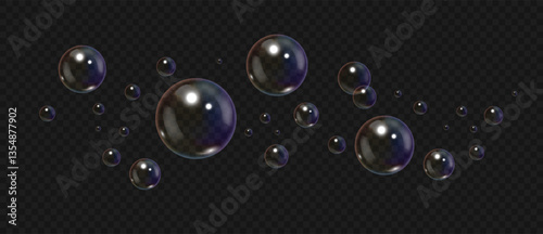 Realistic soap bubbles. 3D transparent flying air foam spheric bubbles with reflection isolated set. Vector detergent concept.