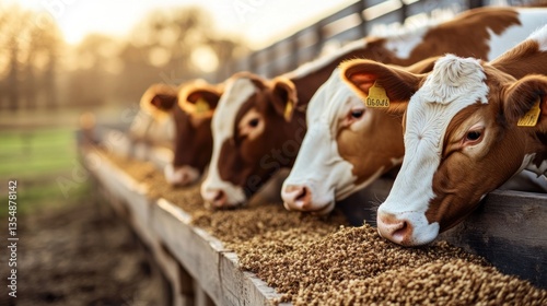 Several cows eat from a shared feeding trough in the sunlight