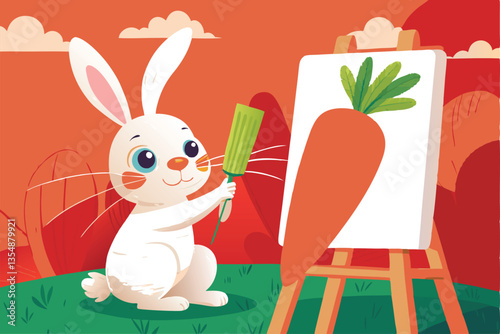 A whimsical 1940s style cartoon rabbit, wearing overalls, paints a colossal carrot on a large easel outdoors.