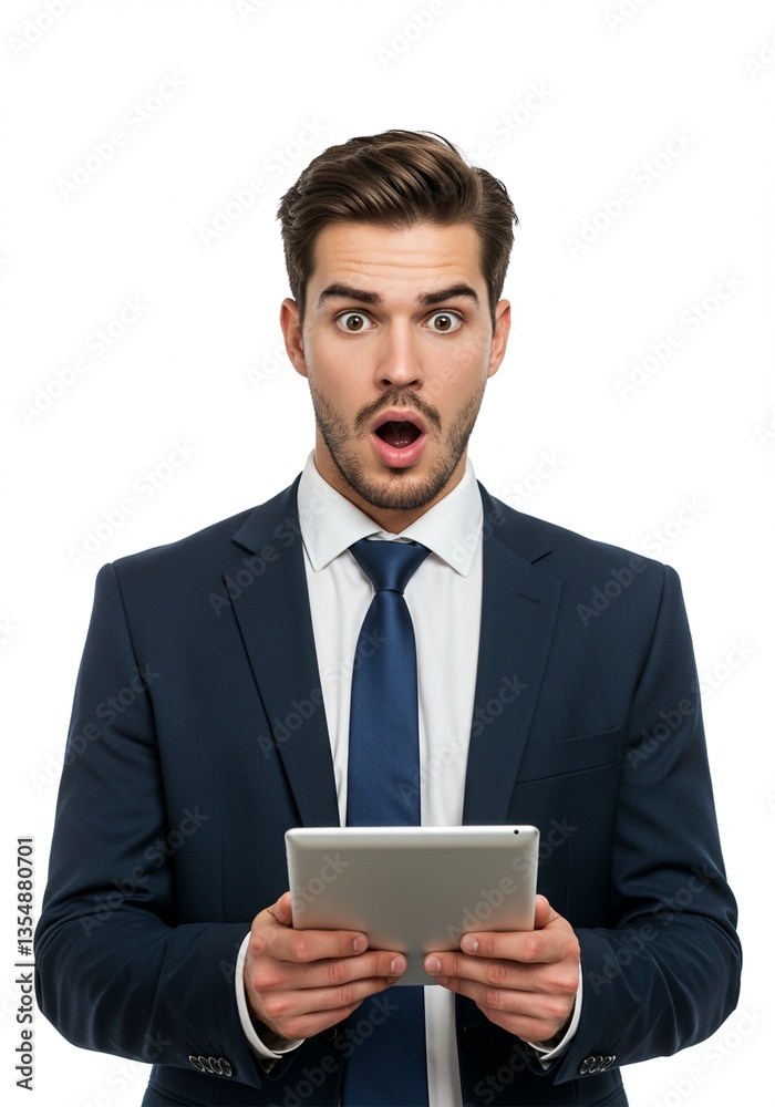 handsome young man holding tablet with shocked face wearing office clothes . working as office worker handsome young man holding tablet with shocked face wearing office clothes . working as office worker