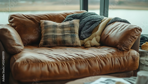 Cozy brown leather couch with plaid and knit throw blankets, inviting and comfortable atmosphere.