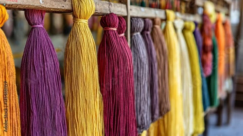 Colorful spools of yarn hanging in a textile workshop showcasing traditional dyeing techniques