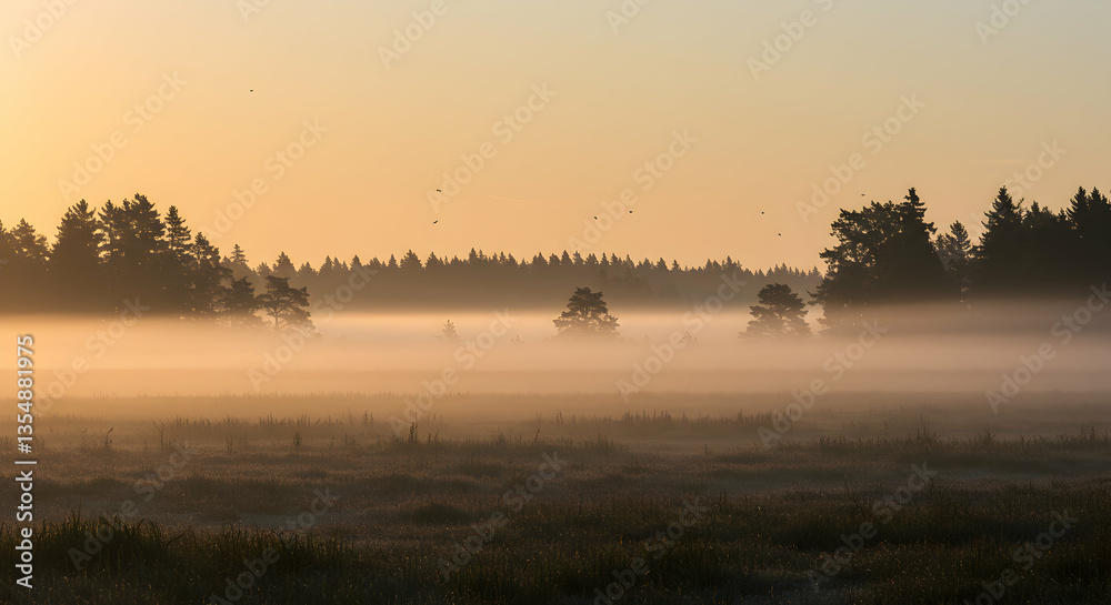 Fototapeta premium Foggy Meadow Landscape at Sunrise with Trees and Golden Light