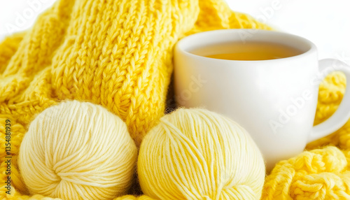 Cozy autumn scene with a cup of tea, yellow yarn balls, and a knitted sweater. Perfect for crafting, hygge, or fall themes.