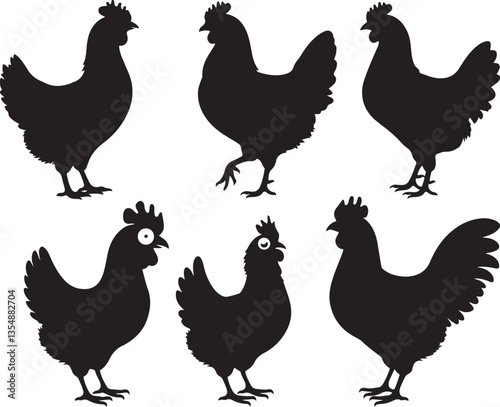 Chicken silhouettes in various poses. vector icon of Chicken