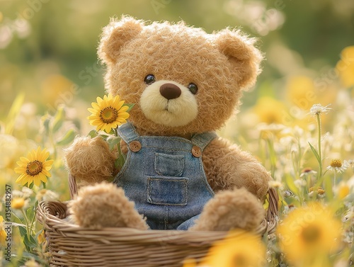 Teddy bear wearing denim overalls sitting in flower field holding sunflower, soft golden light brings playful childhood nostalgia and warmth

