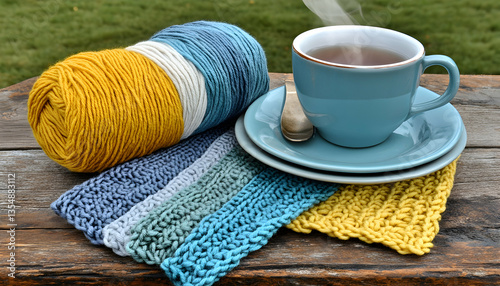 Cozy knitting scene with a steaming cup of tea, yarn balls, and hand-knitted coasters. Perfect for blogs, websites, or crafting publications.
