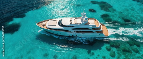 Aerial view, luxury yacht, turquoise ocean, tropical island, white wake trails, palm trees, sun reflection on water, crystal clear sea, paradise destination, bird's eye perspective, maritime adventure