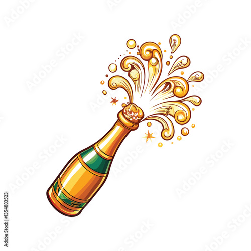 A champagne bottle exploding, spraying golden bubbles against a dark background; emphasis on the effervescence and celebratory moment.